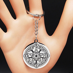 304 Stainless Steel Keychains, with Enamel Pendants, Flat Round, 8.9cm(KEYC-P019-01A-P)