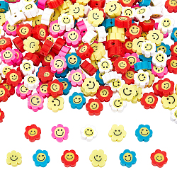 Nbeads 300PCS Handmade Polymer Clay Beads, Flower with Smile Face, Mixed Color, 9.5~10x4.5mm, Hole: 1.2mm, 300pcs/box(CLAY-NB0001-47)