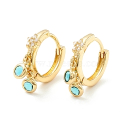 Star Cubic Zirconia Hoop Earrings with Flat Round Drop, Brass Jewelry for Women, Cadmium Free & Nickel Free & Lead Free, Real 18K Gold Plated, Dark Turquoise, 19.5mm, Pin: 0.7mm(EJEW-P196-19G-06)