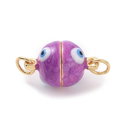 Brass Magnetic Clasps, with Enamel, Round with Evil Eye, Real 18K Gold Plated, Medium Orchid, 16x10mm, Hole: 3mm(ZIRC-F136-10G-07)