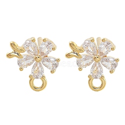 Brass Clear Cubic Zirconia Stud Earring Findings, with Loop, Real 18K Gold Plated, Flower, 9x8.5mm, Hole: 1.4mm, Pin: 12x0.7mm(KK-A238-01B-G)