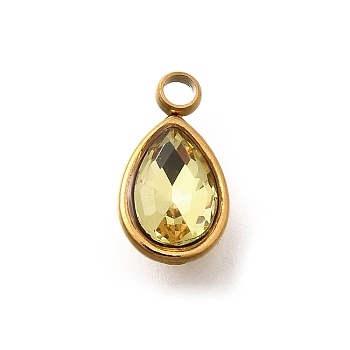 304 Stainless Steel Pendants, with Rhinestone, Real 18K Gold Plated, Ion Plating(IP), Teardrop, Citrine, 10.5x5.5x0.5mm, Hole: 1.8mm