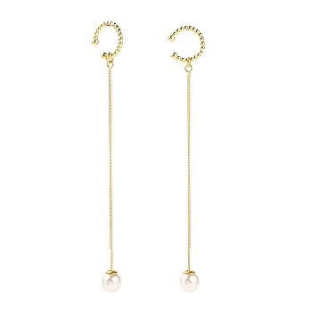 Brass Ear Threads, Cuff Earrings, with Curb Chains and Acrylic Imitation Pearl Ear Nuts, Real 18K Gold Plated, 103mm