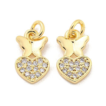 Brass Micro Pave Clear Cubic Zirconia Charms, Heart and Butterfly, Golden, 12x7x1.5mm, Hole: 2.5mm