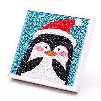 DIY Christmas Theme Diamond Painting Kits For Kids, Penguin Pattern Photo Frame Making, with Resin Rhinestones, Pen, Tray Plate and Glue Clay, Mixed Color, 15x15x2cm