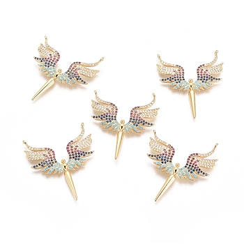 Brass Micro Pave Cubic Zirconia Pendants, Wing, Colorful, Golden, 35x32x3mm, Hole: 1.4mm