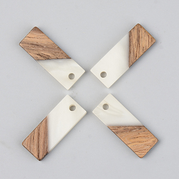 Resin & Walnut Wood Pendants, Opaque, Rectangle, Floral White, 23x8.5x3mm, Hole: 2mm