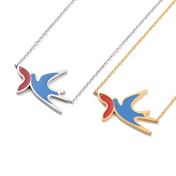 Colorful Enamel Swallow and Fish Pendant Necklace, 304 Stainless Steel Jewelry for Women, Mixed Color, 18.82 inch(47.8cm)