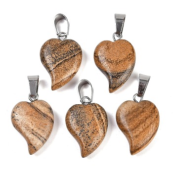 Natural Picture Jasper Heart Pendants, Love Heart Charms with 304 Stainless Steel Snap on Bails, Stainless Steel Color, 22.5x15.5x6mm, Hole: 6x3.5mm