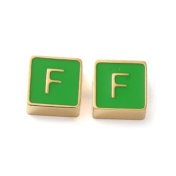 304 Stainless Steel Enamel Beads, Real 14K Gold Plated, Square with Letter, Letter F, 8x8x4mm, Hole: 2mm