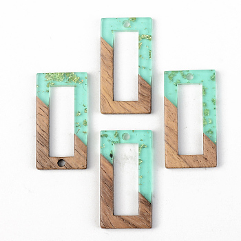 Transparent Resin & Walnut Wood Pendants, with Gold Foil, Rectangle, Pale Turquoise, 28x15x3mm, Hole: 2mm