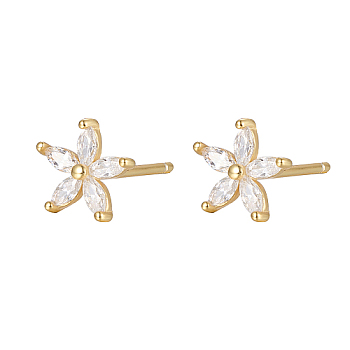 Cubic Zirconia Flower Stud Earrings, Golden 925 Sterling Silver Post Earrings, Clear, 7.2mm