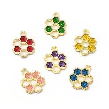 Alloy Enamel Pendants, Honeycomb Charm, Golden, Mixed Color, 19x15x1.5mm, Hole: 2mm