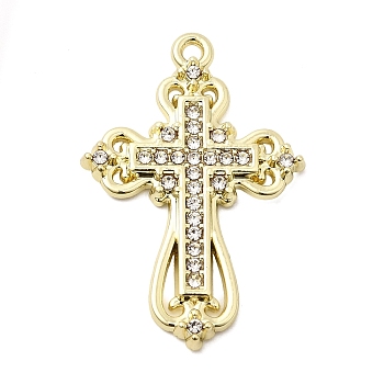Alloy Rhinestone Pendants, Cross Charms, Rack Plating, Golden, 28x19x2.5mm, Hole: 1.2mm