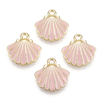 Alloy Enamel Charms, Light Gold, Scallop Shell Shape, Pink, 13x13x2mm, Hole: 1.5mm