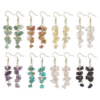 8 Pair 8 Style Natural & Synthetic Mixed Gemstone Chips Dangle Earrings Set, Golden 304 Stainless Steel Cluster Earrings, 58~60x12~16mm, 1 Pair/style