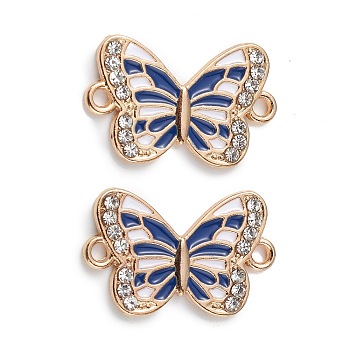 Alloy Enamel Connector Charms, Butterfly Links with Crystal Rhinestone, Light Gold, Cadmium Free & Nickel Free & Lead Free, Blue, 21x13x1.7mm, Hole: 1.6mm
