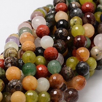 Faceted Round Natural Assorted Gemstone Bead Strands, 8mm, Hole: 1mm, about 50pcs/strand, 15.3 inch