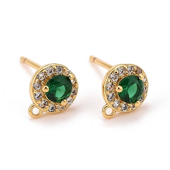 Brass Micro Pave Cubic Zirconia Stud Earrings Findings, Long-Lasting Plated, Lead Free & Cadmium Free & Nickel Free, Flat Round with Loop, Green, Real 18K Gold Plated, 7.5x6x3mm, Hole: 0.8mm, Pin: 0.8mm