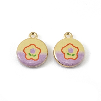 Printed Alloy Pendants, Flat Round with Flower Pattern Charms, Long-Lasting Plated, Rack Plating, Light Gold, 18x14.5x3.5mm, Hole: 1.8mm