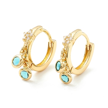 Star Cubic Zirconia Hoop Earrings with Flat Round Drop, Brass Jewelry for Women, Cadmium Free & Nickel Free & Lead Free, Real 18K Gold Plated, Dark Turquoise, 19.5mm, Pin: 0.7mm