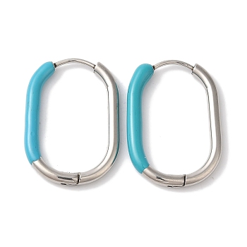 Oval Ion Plating(IP) 304 Stainless Steel Hoop Earrings for Women, with Enamel, Stainless Steel Color, Dark Turquoise, 27x19mm