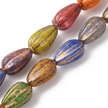 Painted Glass Beads Strands, Golden Metal Enlaced, Teardrop, Mixed Color, 13~13.5x8mm, Hole: 1.2mm, about 30pcs/strand, 15.55''(39.5cm)