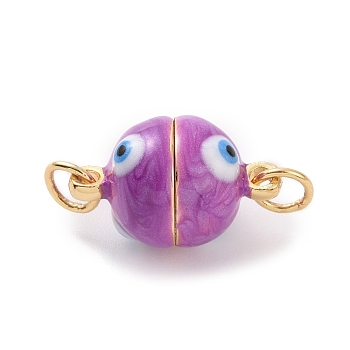 Brass Magnetic Clasps, with Enamel, Round with Evil Eye, Real 18K Gold Plated, Medium Orchid, 16x10mm, Hole: 3mm