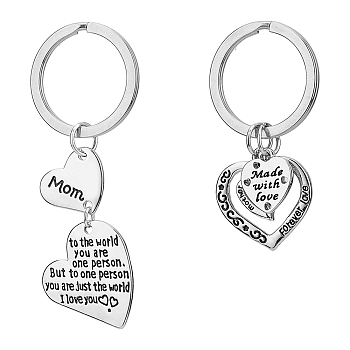 2Pcs 2 Style Alloy Keychain, for Valentine's Day, Heart with Word, Platinum, 55~75mm, 1pc/style