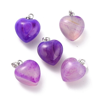 Natural Dyed & Heated Agate Pendants, with Platinum Brass Loops, Heart, 18~19x15~15.5x6~8mm, Hole: 6x2.5~3mm