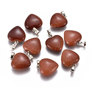 Synthetic Goldstone Pendants, with Brass Findings, Heart, Platinum, 23x20x7~9mm, Hole: 5x8mm