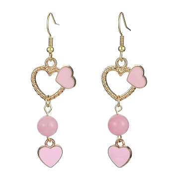 Dyed Natural Mashan Jade Dangle Earrings, Alloy Enamel Heart Long Drop Earings with 304 Stainless Steel Pins for Valentine's Day, Pink, 58x18mm