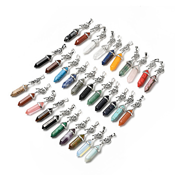 Natural & Synthetic Gemstone Double Terminated Pointed Big Pendants, with Platinum Tone Brass Findings, Cadmium Free & Lead Free, Moon with Fairy & Bullet, Faceted, Mixed Dyed and Undyed, 62~66mm