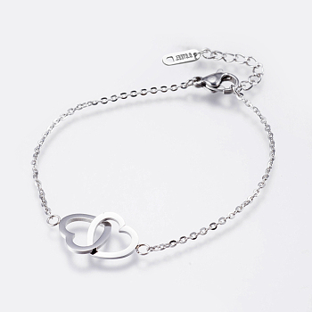 Tarnish Resistant 304 Stainless Steel Link Bracelets, with Lobster Claw Clasps, Heart with Heart, Stainless Steel Color, 6-1/2 inch(165mm)