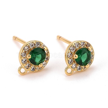 Real 18K Gold Plated Green Flat Round Brass+Cubic Zirconia Stud Earring Findings