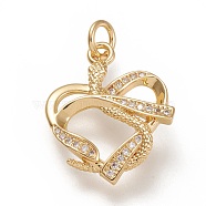 Brass Micro Pave Clear Cubic  Zirconia Pendants, with Jump Rings, Heart with Snake, Real 18K Gold Plated, 21x17x3mm, Jump Ring: 5x1mm, 3mm Inner Diameter(ZIRC-L099-039G)