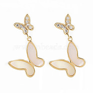 Brass Micro Pave Clear Cubic Zirconia Dangle Stud Earrings, with Natural Shell, Nickel Free, Butterfly, Seashell Color, Real 18K Gold Plated, 25x15mm, Pin: 0.8mm(EJEW-T007-17G-A-NF)