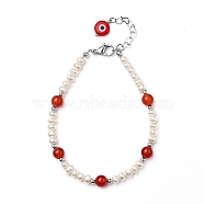 Natural Red Agate/Carnelian(Dyed & Heated)(Dyed) Beaded Bracelets, with Evil Eye Lampwork Beads, Natural Pearl Beads, Brass Beads and 304 Stainless Steel Lobster Claw Clasps, 7-7/8 inch(20cm)(BJEW-JB05313-04)