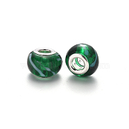 Handmade Lampwork European Beads, Large Hole Rondelle Beads, with Platinum Tone Brass Double Cores, Green, 14~15x9~10mm, Hole: 5mm(LPDL-N001-027-C08)