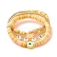 Handmade Polymer Clay Heishi Beads Stretch Bracelets Set, Love Word Acrylic Beads Bracelets, Smiling Face and Evil Eye Beads Lucky Bracelets, Brass Round Beads Bracelets for Women, Golden, Orange, Inner Diameter: 1-7/8~2 1/8 inch(4.8~5.3cm), 4pcs/set(BJEW-JB07406-01)