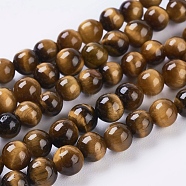 Natural Tiger Eye Beads Strands, Round, Goldenrod, 4mm, Hole: 1mm, about 46pcs/strand, 7.4 inch(G-G099-4mm-5)