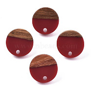 Opaque Resin & Walnut Wood Stud Earring Findings, with 304 Stainless Steel Pin, Flat Round, Dark Red, 14mm, Hole: 1.8mm, Pin: 0.7mm(MAK-N032-007A-B03)