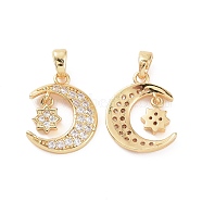 Brass Micro Pave Clear Cubic Zirconia Pendants, Moon with Star Charm, Real 18K Gold Plated, 16x13x2mm, Hole: 5x2.5mm(KK-E068-VC458)