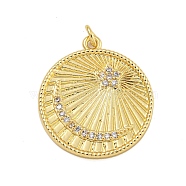 Rack Plating Brass Micro Pave Cubic Zirconia Pendants, with Jump Ring, Long-Lasting Plated, Cadmium Free & Lead Free, Flat Round with Moon & Star, Real 18K Gold Plated, 25x22.5x2.5mm, Hole: 2.5mm(X-KK-C074-50G)