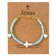 European American Natural Amazonite Beaded Braided Bracelets, Shell Pearl Cross & Heart Adjustable Bracelets for Women, 11 inch(28cm)(VZ2609-3)