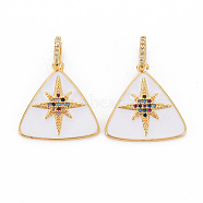 Brass Micro Pave Colorful Cubic Zirconia Pendants, with Enamel, Nickel Free, Real 18K Gold Plated, Triangle, White, 20x20x2mm, Hole: 7X3.5mm(KK-S354-333-NF)