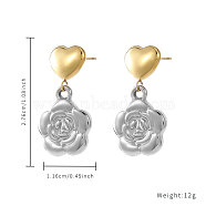 Stylish Stainless Steel Two Tone Design Ladies Dangle Stud Earrings, Flower, Golden & Stainless Steel Color, 27x11.6mm(DD6329-1)