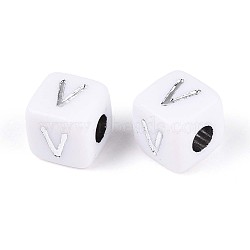 Opaque Acrylic Beads, Cube with Letter, Silver Metal Enlaced, Letter V, 9~10x9~10x9~10mm, Hole: 4mm, about 625pcs/500g(SACR-T035-03V)