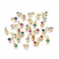 Brass Micro Pave Cubic Zirconia Charms, Flat Round, Golden, Mixed Color, 6.5x4.5x2mm, Hole: 2.5~3mm(ZIRC-F095-03G)