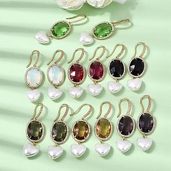 Brass Micro Pave Cubic Zirconia Dangle Earrings, Heart & Oval, with Glass & ABS Plastic Pearl, Rack Plating, Long-Lasting Plated, Cadmium Free & Lead Free, Real 18K Gold Plated, Mixed Color, 57x16~16.5mm(EJEW-G471-10G)